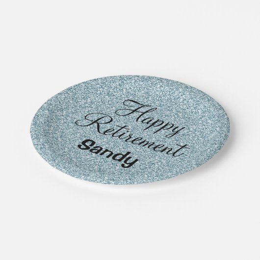 Glam Happy Retirement Blue Silver Glitzer Glitzern Pappteller (Schrägansicht)