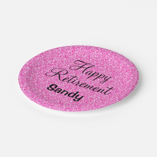 Glam Happy Retirement Hot Pink Glitzer Sparkor Pappteller (Schrägansicht)