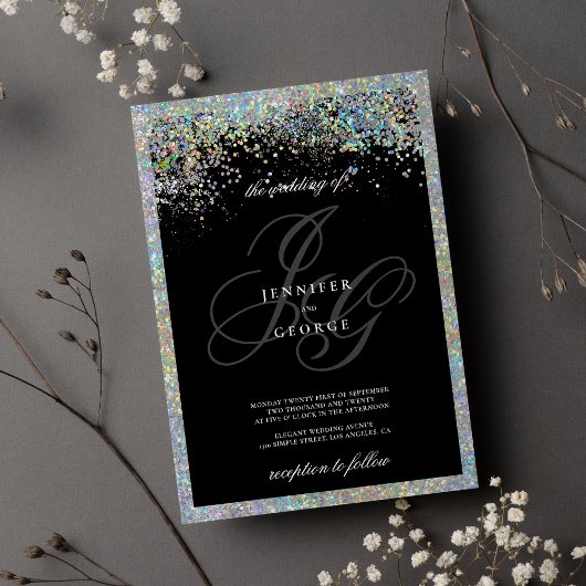 Glam holografische Silber-Glitzer-Initialen Hochze Einladung