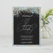 Glam holografische Silber-Glitzer-Initialen Hochze Einladung (Stehend Vorderseite)