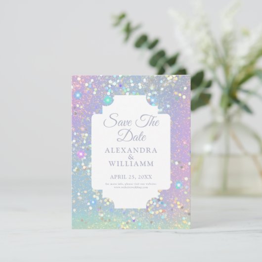 Glam Holographic Glitzer Moderner Save the Date (Stehend Vorderseite)