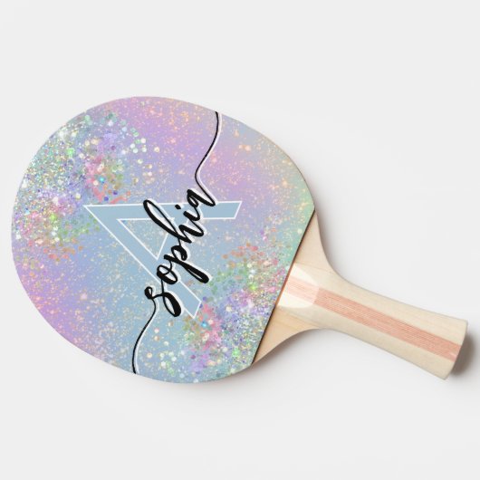 Glam Holographic Glitzer Monogram Script Pink Tischtennis Schläger (Seitenansicht)
