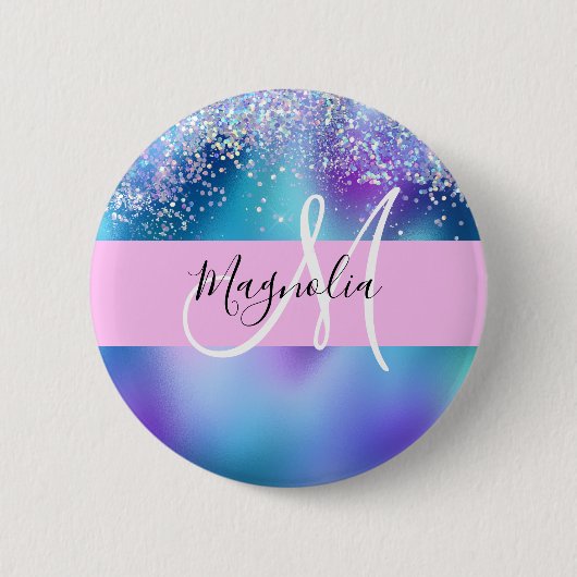 Glam Holographic Mermaid Glitzer Sparkle Monogram Button (Vorderseite)