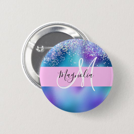 Glam Holographic Mermaid Glitzer Sparkle Monogram Button (Vorne & Hinten)
