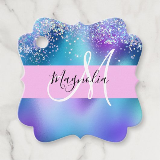 Glam Holographic Mermaid Glitzer Sparkle Monogram Geschenkanhänger (Vorderseite)