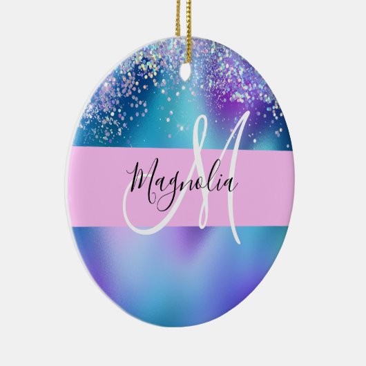 Glam Holographic Mermaid Glitzer Sparkle Monogram Keramik Ornament (Rechts)