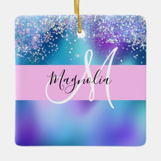 Glam Holographic Mermaid Glitzer Sparkle Monogram Keramikornament (Vorderseite)