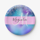 Glam Holographic Mermaid Glitzer Sparkle Monogram Pappteller (Vorderseite)