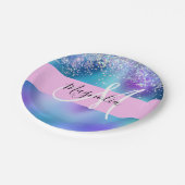 Glam Holographic Mermaid Glitzer Sparkle Monogram Pappteller (Schrägansicht)