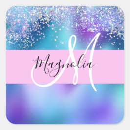 Glam Holographic Mermaid Glitzer Sparkle Monogram Quadratischer Aufkleber