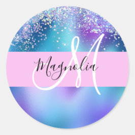 Glam Holographic Mermaid Glitzer Sparkle Monogram Runder Aufkleber
