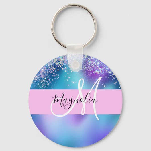 Glam Holographic Mermaid Glitzer Sparkle Monogram Schlüsselanhänger (Vorderseite)