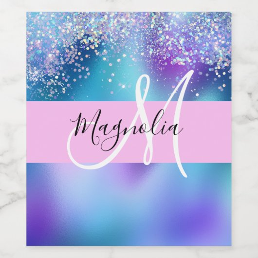 Glam Holographic Mermaid Glitzer Sparkle Monogram Weinetikett (Einzelnes Label)