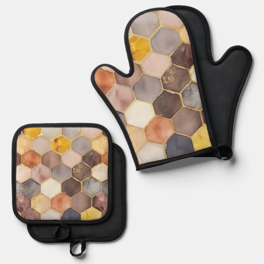 Glam Honey Comb Blush Champagne Abstrakt Ofenhandschuh & Topflappen-Set (Vorderseite/Rückseite)