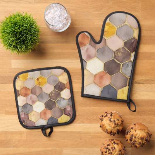 Glam Honey Comb Blush Champagne Abstrakt Ofenhandschuh & Topflappen-Set (Oben Unten)