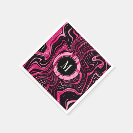 Glam Hot Pink Black Marble Agate Glitzer Monogram Serviette (Ecke)