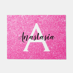 Glam Hot Pink Glitzer Glitzern Monogramm Name Fußmatte