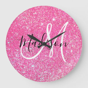 Glam Hot Pink Glitzer Glitzern Monogramm Name Große Wanduhr