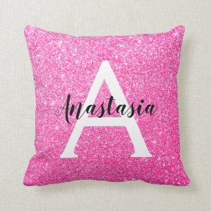 Glam Hot Pink Glitzer Glitzern Monogramm Name Kissen