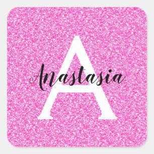 Glam Hot Pink Glitzer Glitzern Monogramm Name Quadratischer Aufkleber