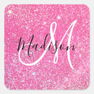 Glam Hot Pink Glitzer Glitzern Monogramm Name Quadratischer Aufkleber