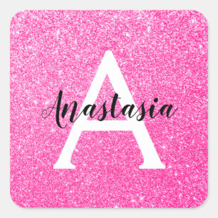 Glam Hot Pink Glitzer Glitzern Monogramm Name Quadratischer Aufkleber