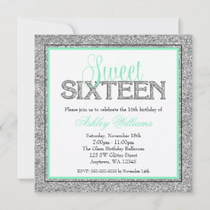 Glam Imitate Glitzer Silver Mint Seafoam Sweet 16 Einladung