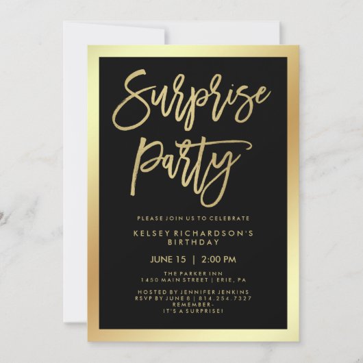 Glam Imitate Gold Typografie und Black Surprise Pa Einladung (Vorderseite)