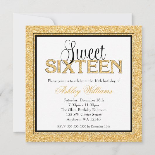 Glam Imitats Glitzer Gold Black Sweet 16 Einladung (Vorderseite)