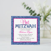Glam Imitats Glitzer Navy Blue Pink Bat Mitzvah Einladung (Stehend Vorderseite)