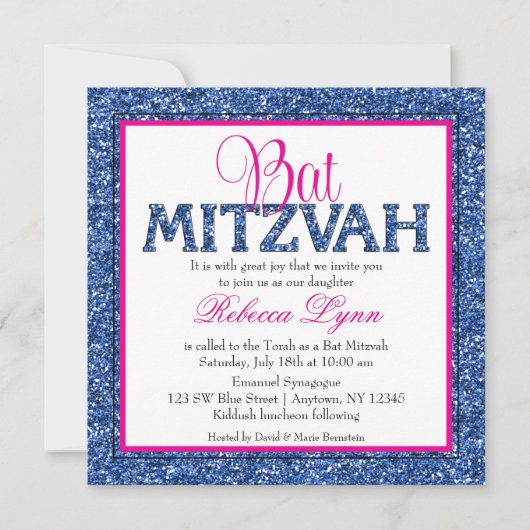 Glam Imitats Glitzer Navy Blue Pink Bat Mitzvah Einladung (Vorderseite)