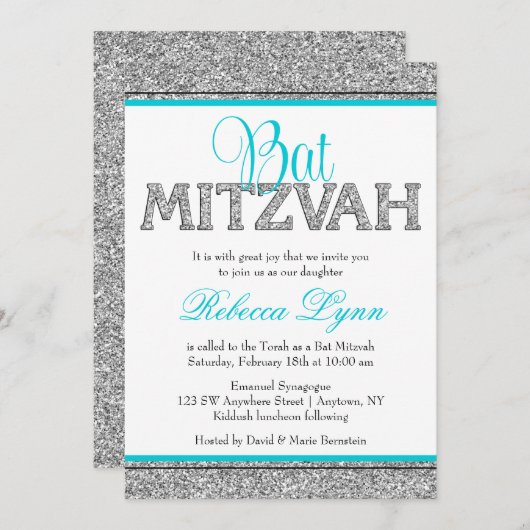 Glam Imitats Glitzer Silver Aquamarin Blue Bat Mit Einladung (Vorne/Hinten)