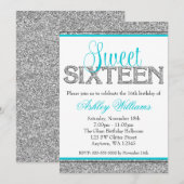 Glam Imitats Glitzer Silver Aquamarin Blue Sweet 1 Einladung (Vorne/Hinten)