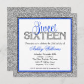 Glam Imitats Glitzer Silver Blue Sweet 16 Einladung (Vorne/Hinten)