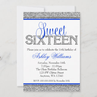 Glam Imitats Glitzer Silver Blue Sweet 16 Einladung