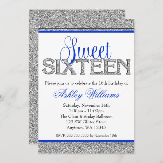 Glam Imitats Glitzer Silver Blue Sweet 16 Einladung (Vorne/Hinten)