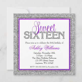 Glam Imitats Glitzer Silver Lila Sweet 16 Einladung