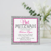 Glam Imitats Glitzer Silver Pink Bat Mitzvah Einladung (Stehend Vorderseite)