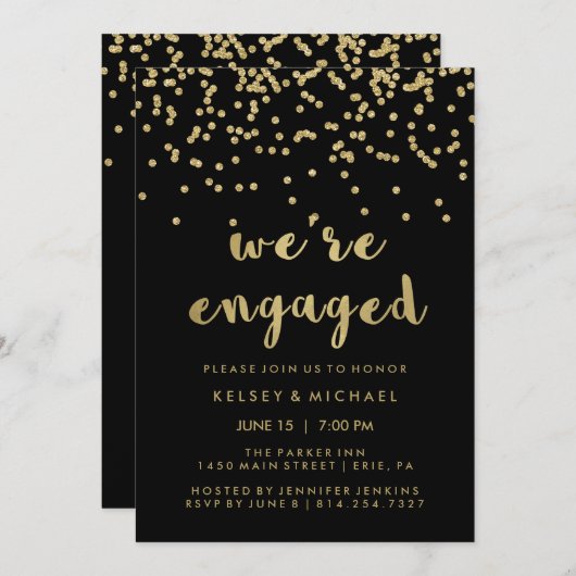 Glam Imitats Gold Confetti über Black Engagement P Einladung (Vorne/Hinten)