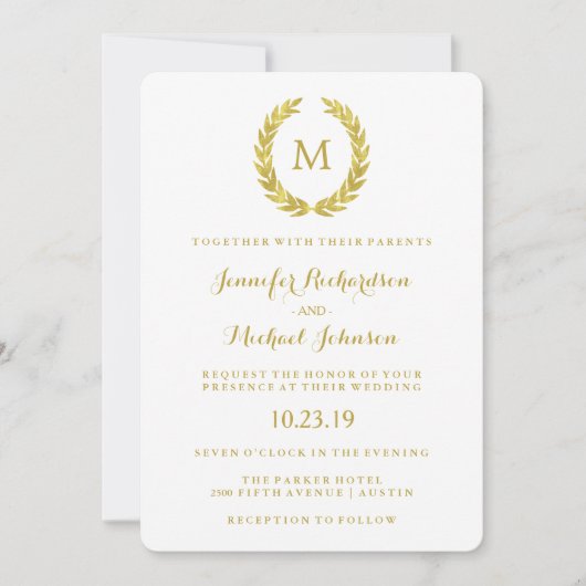 Glam Imitats Gold Foil Laurel Wreath Monogram Wedd Einladung (Vorderseite)