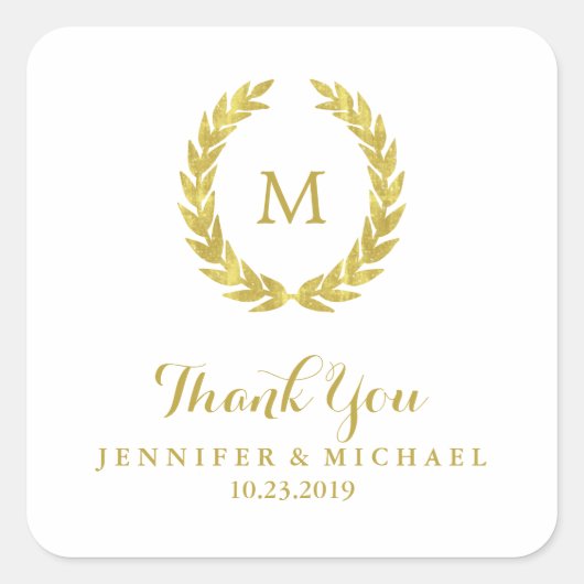 Glam Imitats Gold Foil Laurel Wreath Monogram Wedd Quadratischer Aufkleber (Vorderseite)