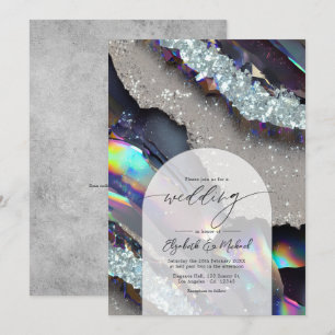 Glam Imitats Holographic Agate Geode Wedding QR Co Einladung