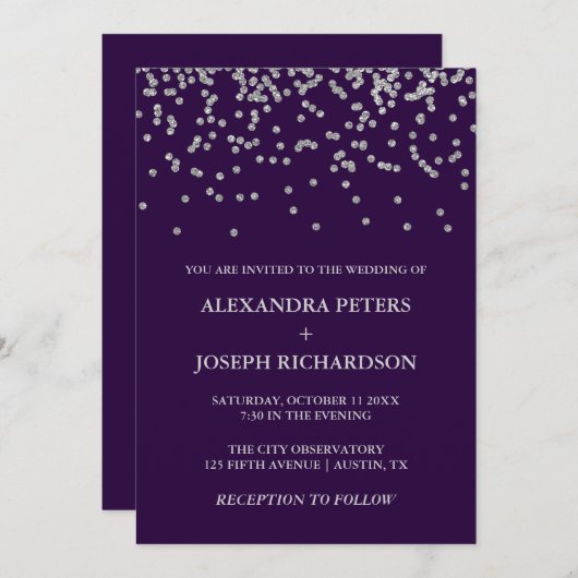 Glam Imitats Silver Confetti und Deep Lila Wedding Einladung (Vorne/Hinten)