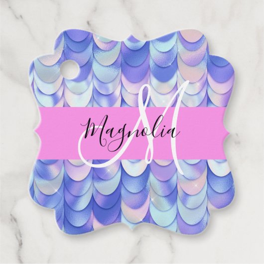 Glam Iridescent Blue Mermaid Scales Name Monogram Geschenkanhänger (Vorderseite)