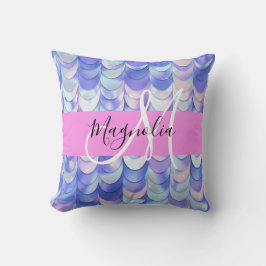 Glam Iridescent Blue Mermaid Scales Name Monogram Kissen