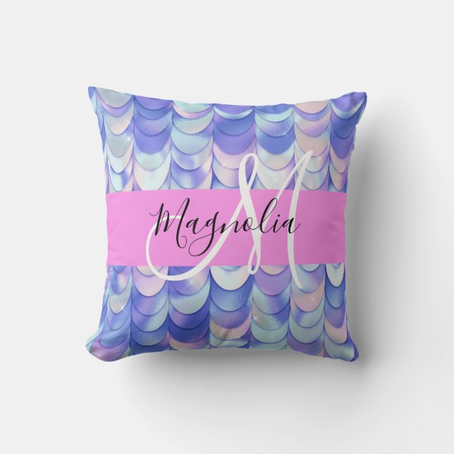 Glam Iridescent Blue Mermaid Scales Name Monogram Kissen (Vorderseite)