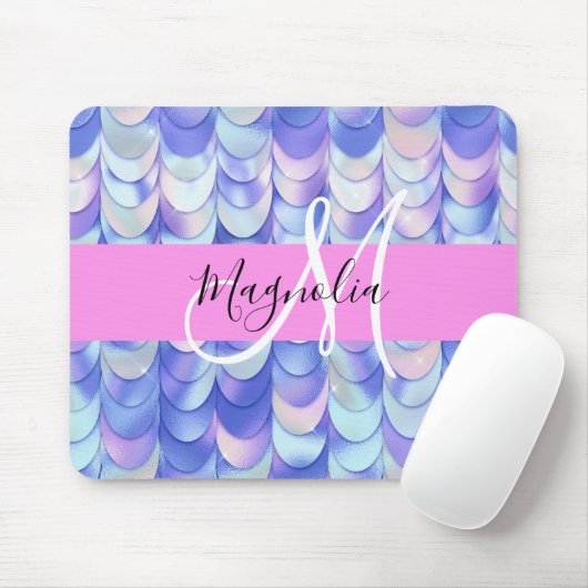Glam Iridescent Blue Mermaid Scales Name Monogram Mousepad (Mit Mouse)