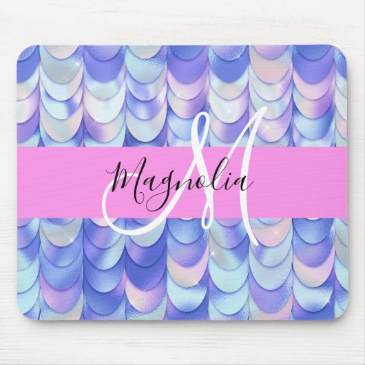 Glam Iridescent Blue Mermaid Scales Name Monogram Mousepad (Vorne)