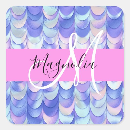 Glam Iridescent Blue Mermaid Scales Name Monogram Quadratischer Aufkleber (Vorderseite)