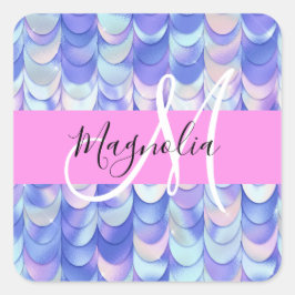 Glam Iridescent Blue Mermaid Scales Name Monogram Quadratischer Aufkleber